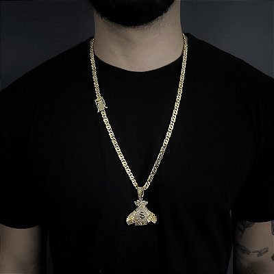 CORRENTE  OITINHO  (6mm  28G)  70cm + PINGENTE MALOTE CRAVEJADO - BANHO DE OURO