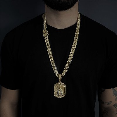 CORRENTE LACRAIA (13mm -70cm) + PINGENTE DETALHADO NOSSA SENHORA GRANDE -  FECHO COM MARCAÇÃO 750 -BANHADO A OURO 18K