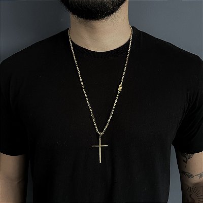 CORRENTE TIJOLINHO FECHO GAVETA ( 2MM- 70CM) + PINGENTE CRUZ LISA GRANDE- FECHO COM MARCAÇÃO 750 - BANHO DE OURO 18k