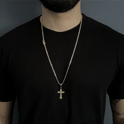 CORRENTE PITBULL (2MM- 70CM) + PINGENTE  CRUZ RACIONAIS - FECHO COM MARCAÇÃO 750 - BANHADO A OURO 18K