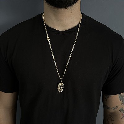 CORRENTE PITBULL (2MM- 70CM) + PINGENTE  ROSTO DE CRISTO - FECHO COM MARCAÇÃO 750 - BANHADO A OURO 18K