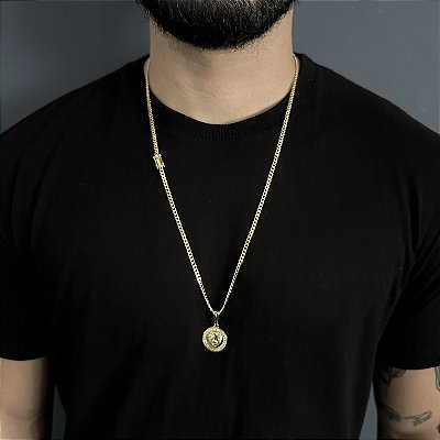 CORRENTE PITBULL (2MM- 70CM) + PINGENTE  LEÃO DA TRIBO DE JUDÁ - BANHADO A OURO 18K