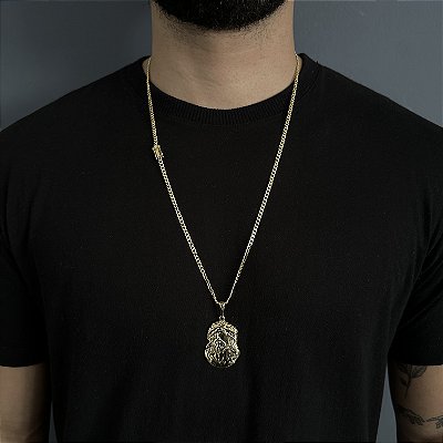 CORRENTE PITBULL (2MM- 70CM) + PINGENTE  ROSTO DE JESUS - BANHADO A OURO 18K