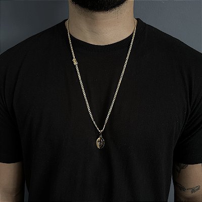 CORRENTE PITBULL (2MM- 70CM) + PINGENTE  MEDALHA OVAL COM CRUZ VAZADA - FECHO COM MARCAÇÃO 750 - BANHADO A OURO 18K