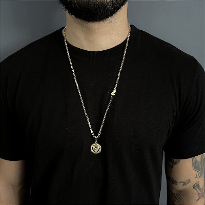CORRENTE TIJOLINHO FECHO GAVETA ( 2MM- 70CM) + PINGENTE MEDALHA LEÃO  DA TRIBO DE JUDÁ - BANHO DE OURO 18k