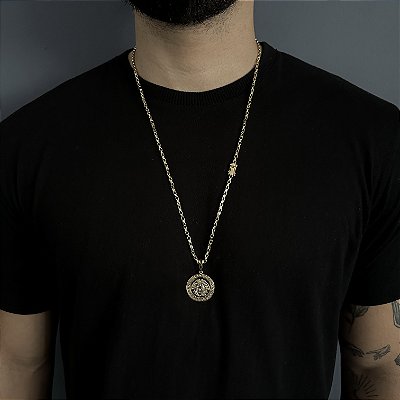 CORRENTE TIJOLINHO FECHO GAVETA ( 2MM- 70CM) + PINGENTE MEDUSA  - FECHO COM MARCAÇÃO 750 - BANHO DE OURO 18k