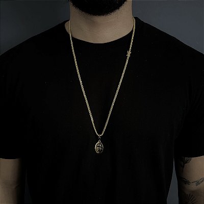 Corrente Lacraia 2mm 70cm + Pingente Medalha Oval com Cruz Vazada – Banhada a Ouro 18K
