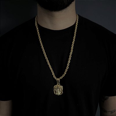CORRENTE  BAIANA  FECHO CANHÃO ( 6mm - 60G )-  70cm + PINGENTE FACE DE CRISTO - BANHADO A OURO 18k