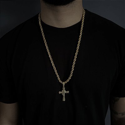 CORRENTE  BAIANA  FECHO CANHÃO ( 6mm - 60G )-  70cm + PINGENTE CRUZ  CRAVEJADA - BANHADO A OURO 18k