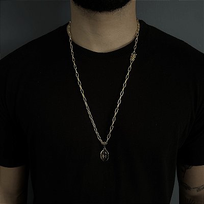 CORRENTE  CARTIE MEIA CANA ( 70cm- 4mm) + PINGENTE MEDALHA OVAL COM CRUZ VAZADA - BANHADO A OURO 18K
