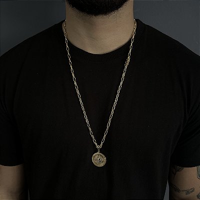 CORRENTE  CARTIE MEIA CANA ( 70cm- 4mm) + PINGENTE MEDALHA MEDUSA  - BANHADO A OURO 18K