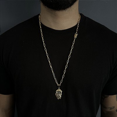 CORRENTE  CARTIE MEIA CANA ( 70cm- 4mm) + PINGENTE ROSTO DE JESUS CRISTO - FECHO COM MARCAÇÃO 750 - BANHADO A OURO 18K