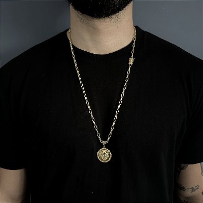 CORRENTE CARTIE MEIA CANA ( 70cm- 4mm) + PINGENTE MEDALHA  LEÃO - FECHO COM MARCAÇÃO 750 - BANHADO A OURO 18K