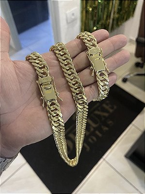 Corrente Lacraia 13mm 70cm + Pulseira 21cm – Banho Ouro 18k
