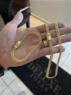 CORRENTE GRUMET  DUPLA FECHO GAVETA (7mm- 70cm) + PULSEIRA GRUMET  DUPLA FECHO GAVETA (7mm- 20cm) FECHO COM MARCAÇÃO 750 - BANHADO A OURO 18K