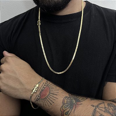 Corrente Lacraia 4mm 70cm + Pulseira 21cm – Banho Ouro 18k