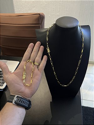 CORRENTE CARTIE TIJOLINHO  ALONGADO  FECHO GAVETA  (5mm-20CM)  + PULSEIRA CARTIE TIJOLINHO  ALONGADO  FECHO GAVETA  (5mm-70CM) - BANHADO A OURO 18K