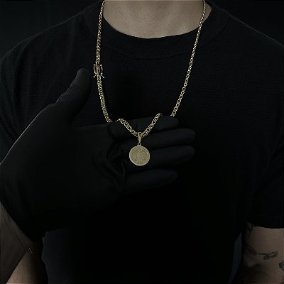 CORRENTE FRISO DUPLO ( 5mm- 70cm) + PINGENTE MEDALHA SÃO BENTO DUPLA FACE -  FECHO COM MARCAÇÃO 750 - BANHADO A OURO 18K.