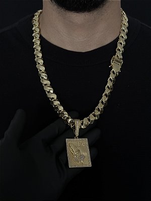 CORRENTE FRISO S DUPLA FACE ( 13mm- 70cm) + PINGENTE PLACA FÉ  CRAVEJADA - BANHADO A OURO 18K