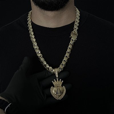 CORRENTE FRISO S DUPLA FACE ( 13mm- 70cm) + PINGENTE NOSSA SENHORA  COM COROA -  FECHO COM MARCAÇÃO 750 - BANHADO A OURO 18K