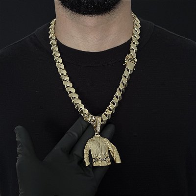 CORRENTE FRISO S DUPLA FACE ( 13mm- 70cm) + PINGENTE KIMONO FAIXA PRETA - FECHO COM MARCAÇÃO 750 - BANHADO A OURO 18K