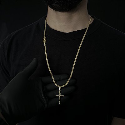 Corrente Lacraia 4mm 70cm + Pingente Crucifixo com Jesus – Banhada a Ouro 18K