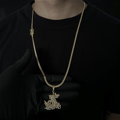 Corrente Lacraia 4mm 70cm + Pingente São Jorge a Cavalo Cravejado – Banhada a Ouro 18K