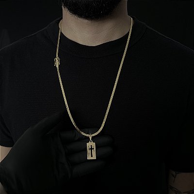 Corrente Lacraia 4mm 70cm + Pingente Cruz – Banhada a Ouro 18K