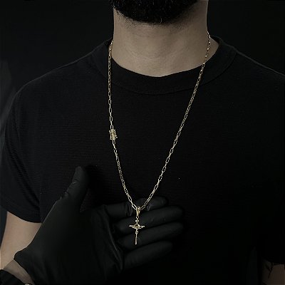 CORRENTE  TIJOLINHO ALONGADO (3mm - 18G 70 cm) + PINGENTE CRUCIFIXO -  FECHO COM MARCAÇÃO 750 - BANHO DE OURO 18k