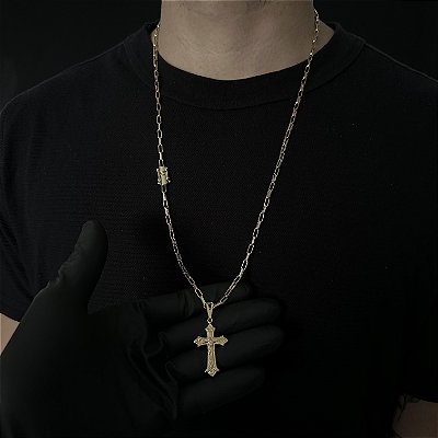 CORRENTE  TIJOLINHO ALONGADO (3mm - 18G 70 cm) + PINGENTE CRUCIFIXO RACIONAIS - FECHO COM MARCAÇÃO 750 - BANHO DE OURO 18k