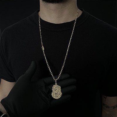 CORRENTE  TIJOLINHO ALONGADO (3mm - 18G 70 cm) + PINGENTE FACE DE JESUS 3D -FECHO COM MARCAÇÃO 750 - BANHO DE OURO 18k