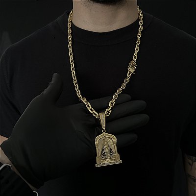 CORRENTE  CADEADO (8mm - 56G 70 cm) + PINGENTE NOSSA SENHORA TEMPLO JESUS NÃO DORME - BANHO DE OURO 18k