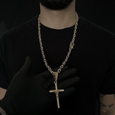 CORRENTE  CADEADO (8mm - 56G 70 cm) + PINGENTE CRUZ AMARRADA G - BANHO DE OURO 18k