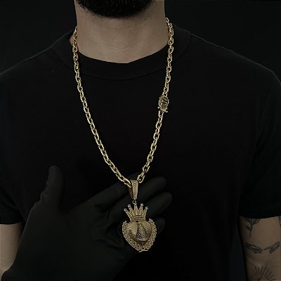 CORRENTE  CADEADO (8mm - 56G 70 cm) + PINGENTE NOSSA SENHORA COM COROA- FECHO COM MARCAÇÃO 750 - BANHO DE OURO 18k