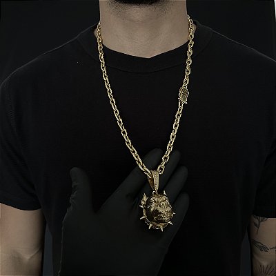CORRENTE  CADEADO (8mm - 56G 70 cm) + PINGENTE PITBULL 5D-  FECHO COM MARCAÇÃO 750 -BANHO DE OURO 18k