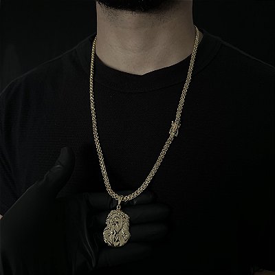 Corrente Cadeado 5mm 70cm + Pingente Jesus – Banhada a Ouro 18K