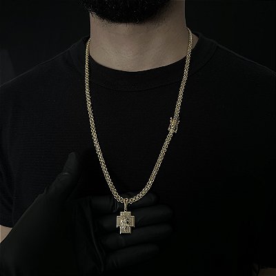Corrente Cadeado 5mm 70cm + Pingente Cruz – Banhada a Ouro 18K