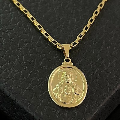 Pingente Medalha Oval Sagrado Coração de Jesus – Banho Ouro 18k