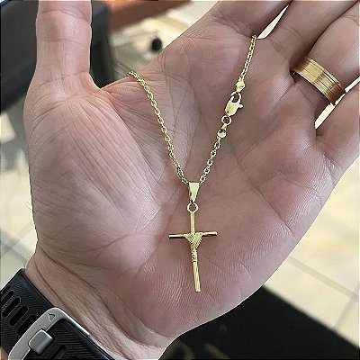 Corrente Cadeado 2mm 70cm + Pingente Cruz Amarrada – Banhada a Ouro 18K