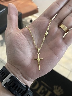 Corrente cadeado 2mm 70 ou 60cm + Cruz amarrada- BANHADO A OURO 18k