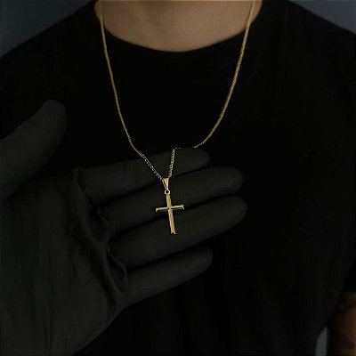CORRENTE GRUMET  (2MM - 50, 60cm ou 70cm) + CRUZ DETALHADA  -  BANHADO A OURO 18k