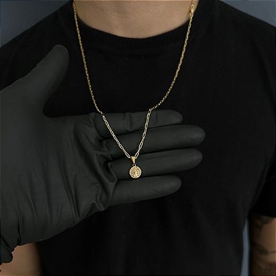 CORRENTE CARTIE (2MM - 50, 60cm ou 70cm) + MEDALHA SÃO BENTO DUPLA FACE - BANHADO A OURO 18k