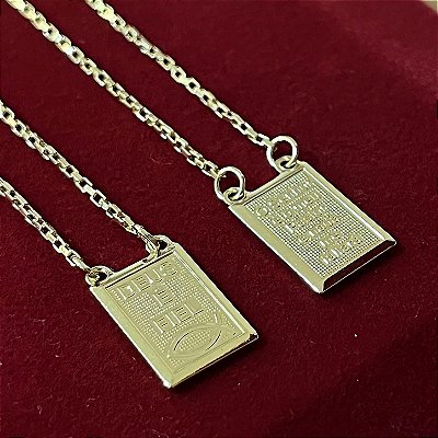 Escapulário Corrente Tijolinho 2mm 70cm com Pingente "Deus é Fiel" e Pingente Peixe (Ichthys) – Banhado a Ouro 18K