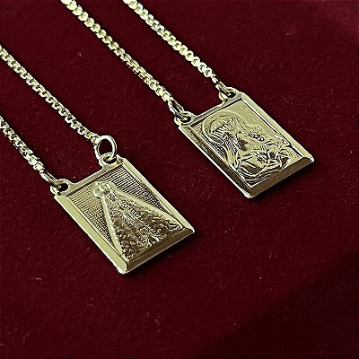 Escapulário Corrente Veneziana 2mm 70cm com Pingentes Sagrado Coração e Nossa Senhora – Banhado a Ouro 18K