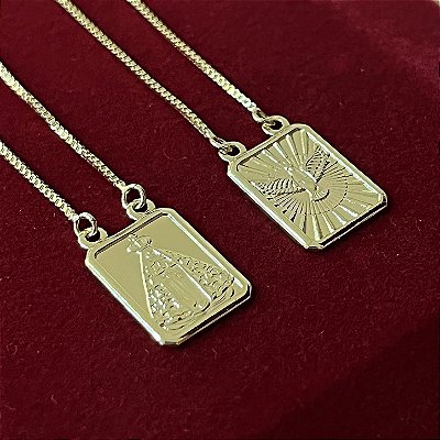 Escapulário Corrente Veneziana 2mm 70cm com Pingente Nossa Senhora Aparecida e Pingente Pomba do Espírito Santo – Banhado a Ouro 18K