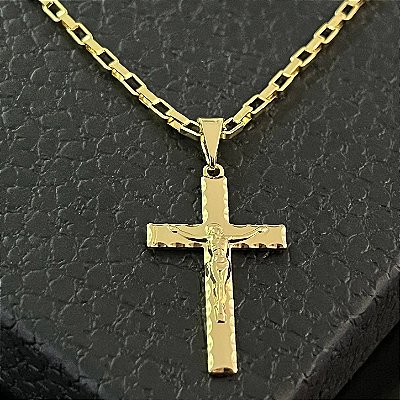 Pingente Crucifixo Palito com Jesus Amadeirado M – Banhado a Ouro 18K