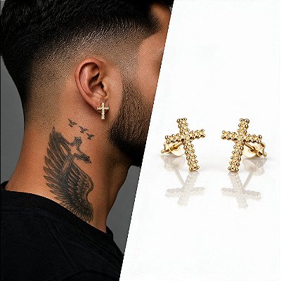 Brinco Cruz Mini Cravejada com Zircônias – Banhado a Ouro 18K