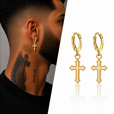 Brinco Argola com Pingente de Cruz Trabalhada – Banhado a Ouro 18K