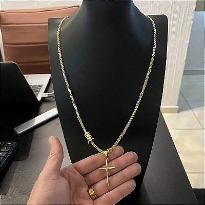 Corrente Cadeado Duplo 3mm 70cm + Pingente Cruz Amarrada – Banhada a Ouro 18K