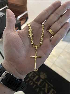 CORRENTE CADEADO DUPLO FECHO GAVETA COM MARCAÇÃO 750 (3mm - 15G - 50, 60cm ou 70cm)  -  + PINGENTE CRUZ AMARRADA - BANHADO A OURO 18K
